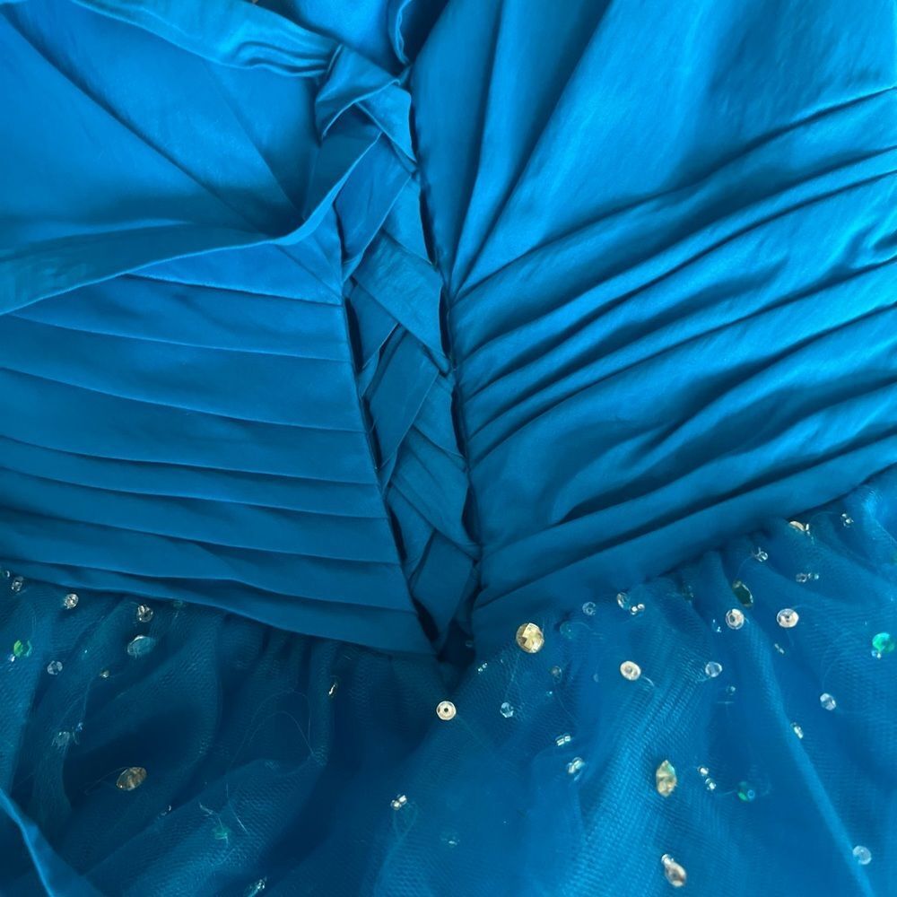 Maggie Sottero Teal Blue Tulle Party Dress with Floral Waist - Picture 7 of 10